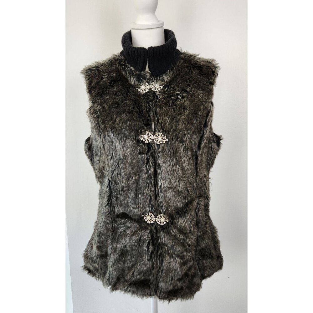 American Glamour Badgley Mischka NWT Faux Fur & Knit Vest W Jeweled Closures, Lg